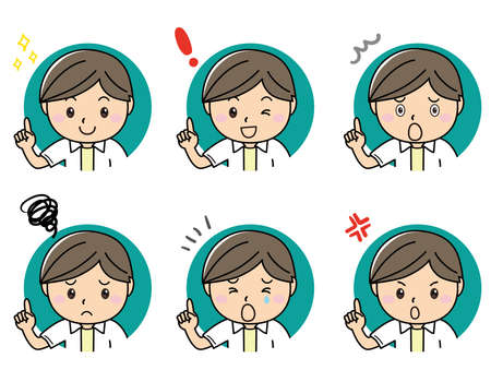Emotions, men's facial expressions, pointing pose sets Smile Angry Trouble Troubled Sadのイラスト素材