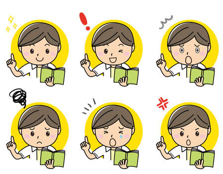 Emotions, men's facial expressions, pointing pose sets Smile Angry Trouble Troubled Sadのイラスト素材