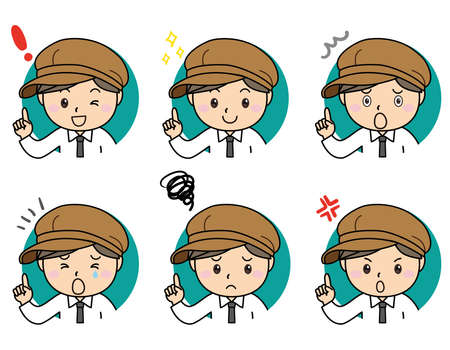 Emotions and emotions, facial expressions of male clerks and staff, pointing pose set Smile Angry Trouble Trouble Trouble Sadのイラスト素材