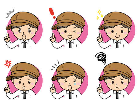 Emotions and emotions, facial expressions of male clerks and staff, pointing pose set Smile Angry Trouble Trouble Trouble Sadのイラスト素材