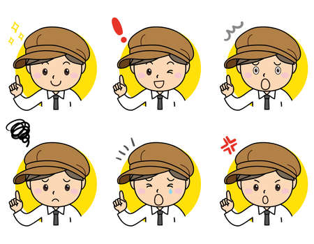 Emotions and emotions, facial expressions of male clerks and staff, pointing pose set Smile Angry Trouble Trouble Trouble Sadのイラスト素材