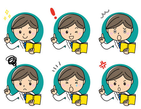 Expression and pointing pose set of a man wearing a emotion and white coat Smile Angry Trouble Trouble Sadのイラスト素材
