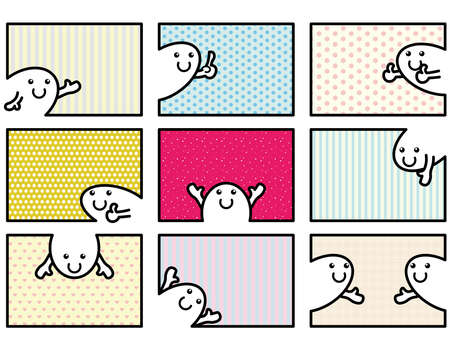 Characters who pose in various poses that are colorfully broken into framesのイラスト素材