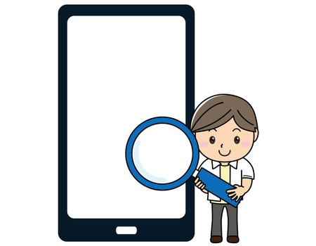 Text space for boys and big smartphones with big magnifying glassのイラスト素材