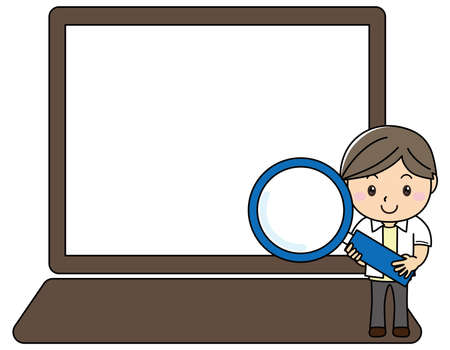 Text space for a boy with a big magnifying glass and a large PCのイラスト素材