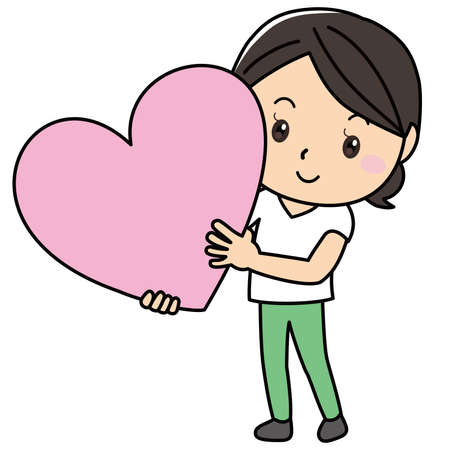 Young woman with big pink heart, pants styleのイラスト素材