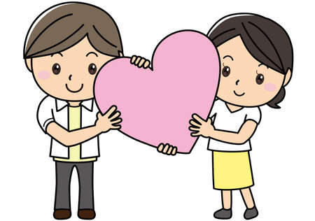 Smiling girl and boy supporting with big pink heartのイラスト素材