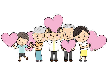 Set of young and old and family with big pink heartsのイラスト素材
