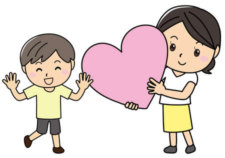 Woman handing a big heart to a boyのイラスト素材