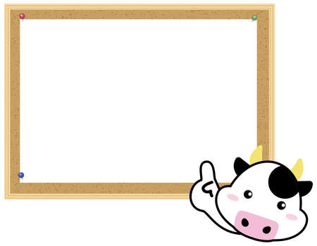 Cow pointing fingers in front of frame of cork with plain paper, text spaceのイラスト素材
