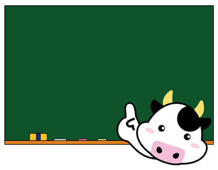 A cow, school, teacher pointing a finger in front of the frame of a blackboardのイラスト素材