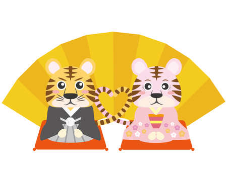 Tora's kimono couple who makes a heart with the tail in front of the golden folding screen that can be used for New Year's cards etc.のイラスト素材