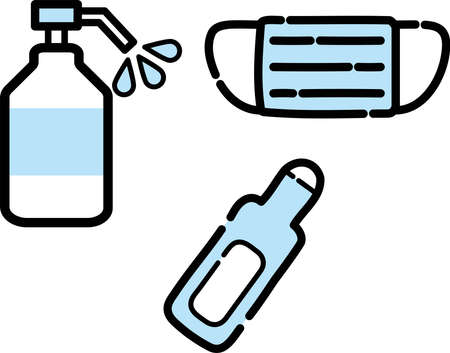 Illustration of hand sanitizer, mask and thermometer for virus protectionのイラスト素材