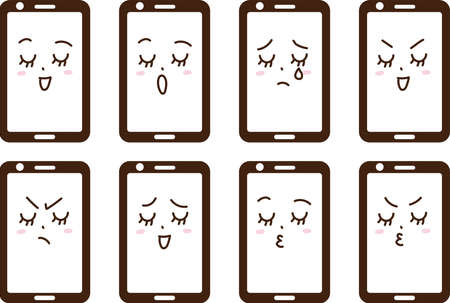 A set of female facial expressions (emotions and sorrows) appearing on the screen of a smartphoneのイラスト素材