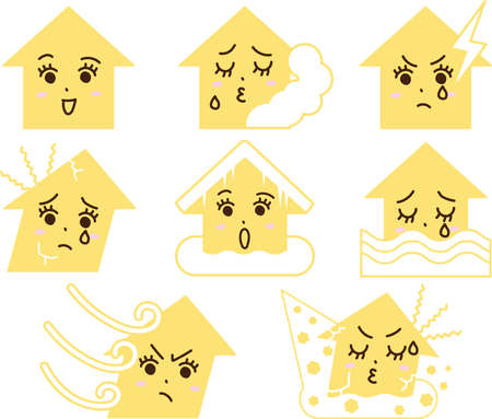Illustration icon set (personified house) that damages houses due to various natural disastersのイラスト素材