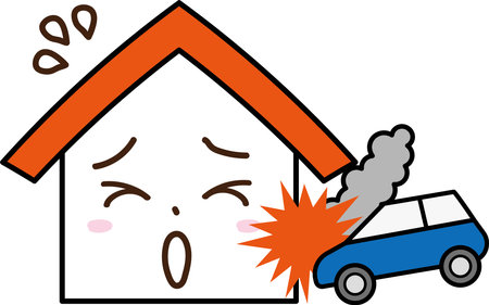 A house with a troubled expression after an accident in which a car crashes into the houseのイラスト素材