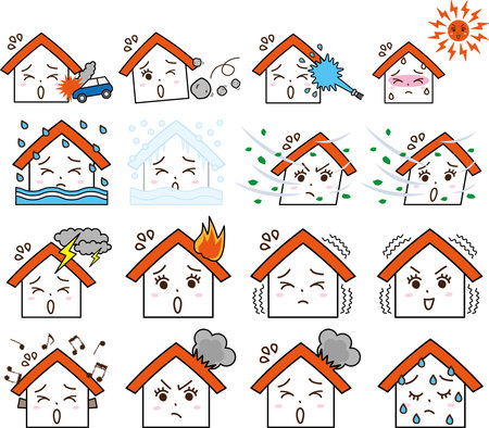 Illustration set of home troubles such as natural disasters, natural disasters, and man-made disastersのイラスト素材