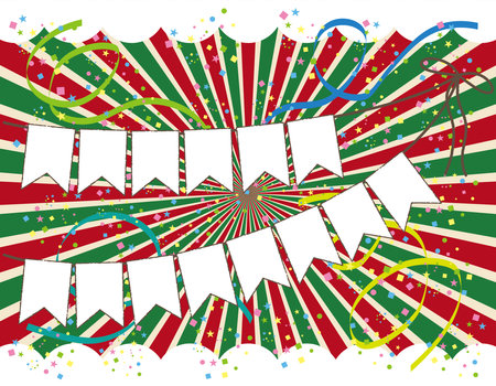 Illustration with concentrated lines in Christmas colors, garland, ribbons and confettiのイラスト素材