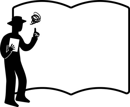 A silhouette of a man in trouble in front of a frame of a big bookのイラスト素材