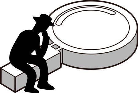 A monochrome man sitting on a magnifying glass and thinkingのイラスト素材