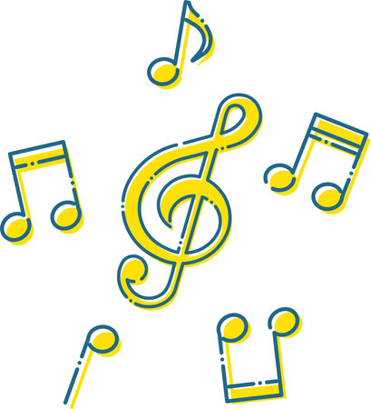Set of simple blue dashed lines and yellow musical symbolsのイラスト素材