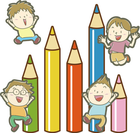 Children jumping happily with big colorful pencilsのイラスト素材