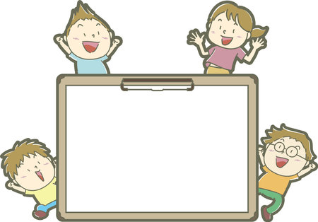Children jumping out happily from behind bindersのイラスト素材