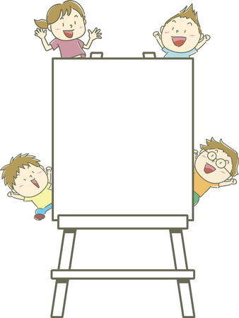 Children happily jumping around the easel frameのイラスト素材