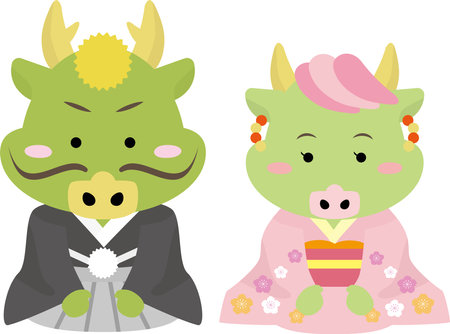 A set illustration of a dragon man and woman wearing a kimono that can be used for the 2024 Dragon New Year's cardのイラスト素材