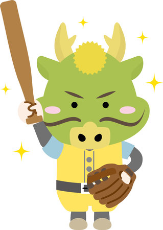 Illustration of a cute dragon in the Year of the Dragon playing baseballのイラスト素材