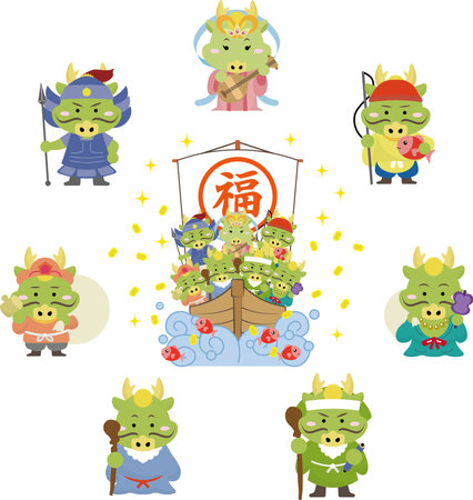 Dragon Seven Lucky Gods on a treasure ship. It is written as "dragon" in Japanese.のイラスト素材