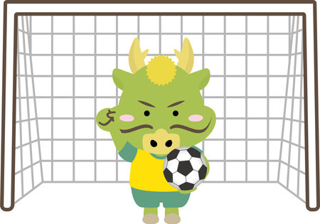 Illustration of a cute dragon in the Year of the Dragon playing in front of a soccer goalのイラスト素材