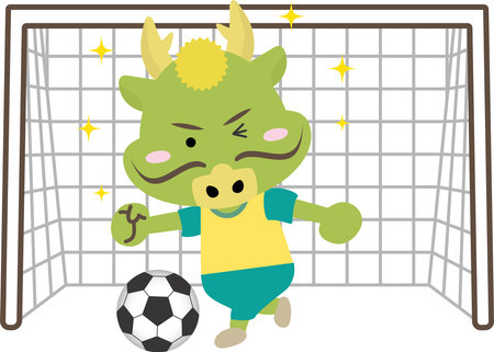 Illustration of a cute dragon in the Year of the Dragon playing in front of a soccer goalのイラスト素材