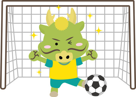Illustration of a cute dragon in the Year of the Dragon playing in front of a soccer goalのイラスト素材