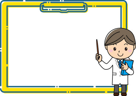 A man in a white coat explaining with a pointing stick in front of a large clipboard frameのイラスト素材
