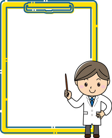 A man in a white coat explaining with a pointing stick in front of a large clipboard frameのイラスト素材