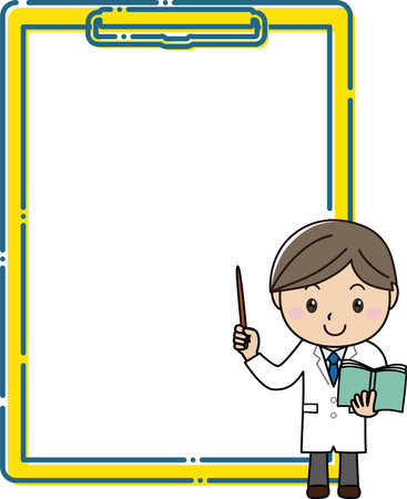 A man in a white coat explaining with a pointing stick in front of a large clipboard frameのイラスト素材