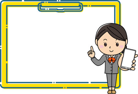 A woman in a suit holding a smartphone and explaining in front of a large clipboard frameのイラスト素材
