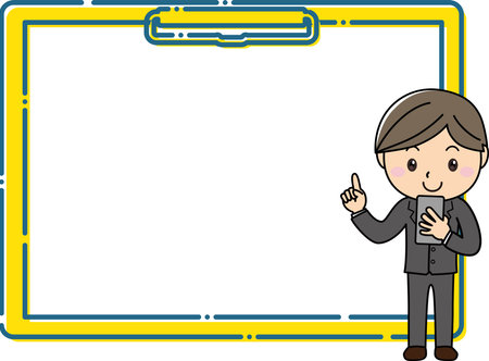 A man in a suit holding a smartphone and explaining in front of a large clipboard frameのイラスト素材