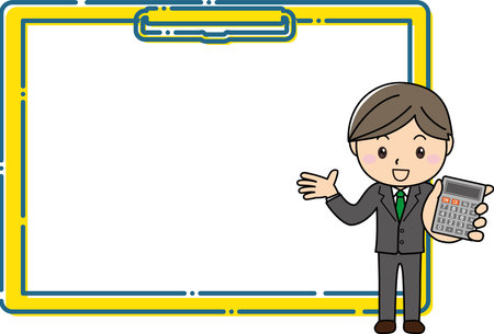 A man in a suit holding a calculator and explaining in front of a large clipboard frameのイラスト素材
