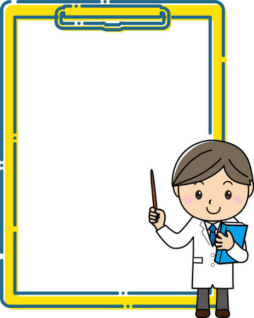 A man in a white coat explaining with a pointing stick in front of a large clipboard frameのイラスト素材