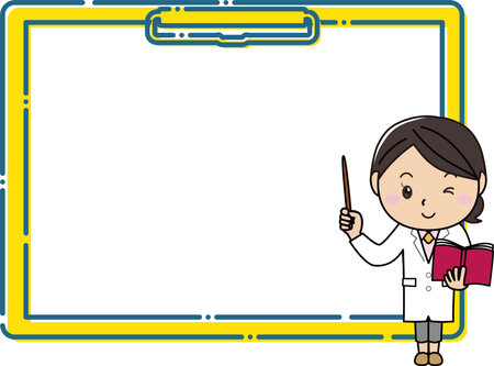 A woman in a white coat explaining with a pointing stick in front of a large clipboard frameのイラスト素材