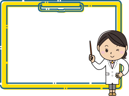 A woman in a white coat explaining with a pointing stick in front of a large clipboard frameのイラスト素材