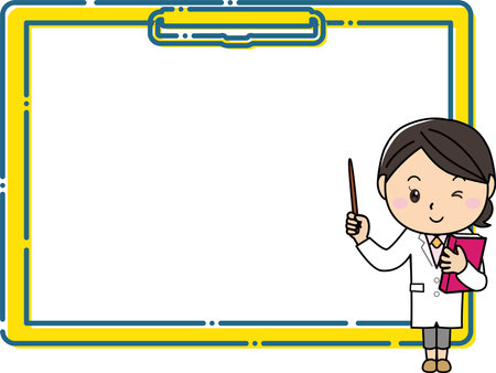 A woman in a white coat explaining with a pointing stick in front of a large clipboard frameのイラスト素材