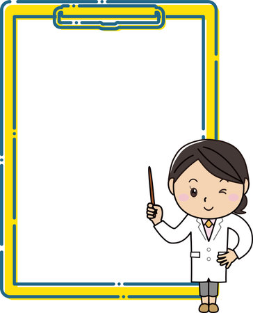 A woman in a white coat explaining with a pointing stick in front of a large clipboard frameのイラスト素材
