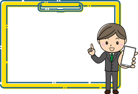 A man in a suit holding a smartphone and explaining in front of a large clipboard frameのイラスト素材