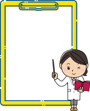 A woman in a white coat explaining with a pointing stick in front of a large clipboard frameのイラスト素材