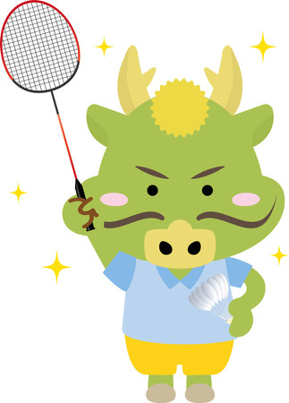 Cute dragon in the Year of the Dragon playing badminton sportsのイラスト素材