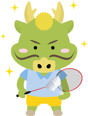 Cute dragon in the Year of the Dragon playing badminton sportsのイラスト素材