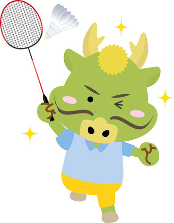 Cute dragon in the Year of the Dragon playing badminton sportsのイラスト素材